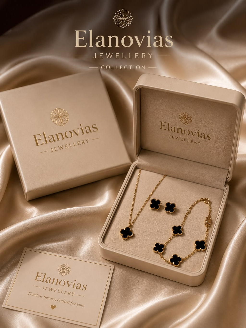 Luxury Black Clover 3-Piece Jewelry Set for Women | Gold Necklace, Bracelet & Earrings
