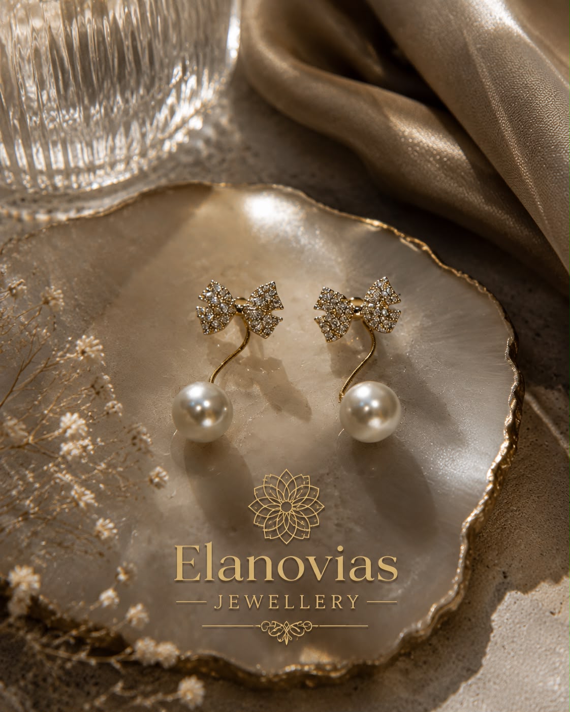 Luxury Crystal Bow Pearl Drop Earrings for Women | Elegant Gold Dangle Earring