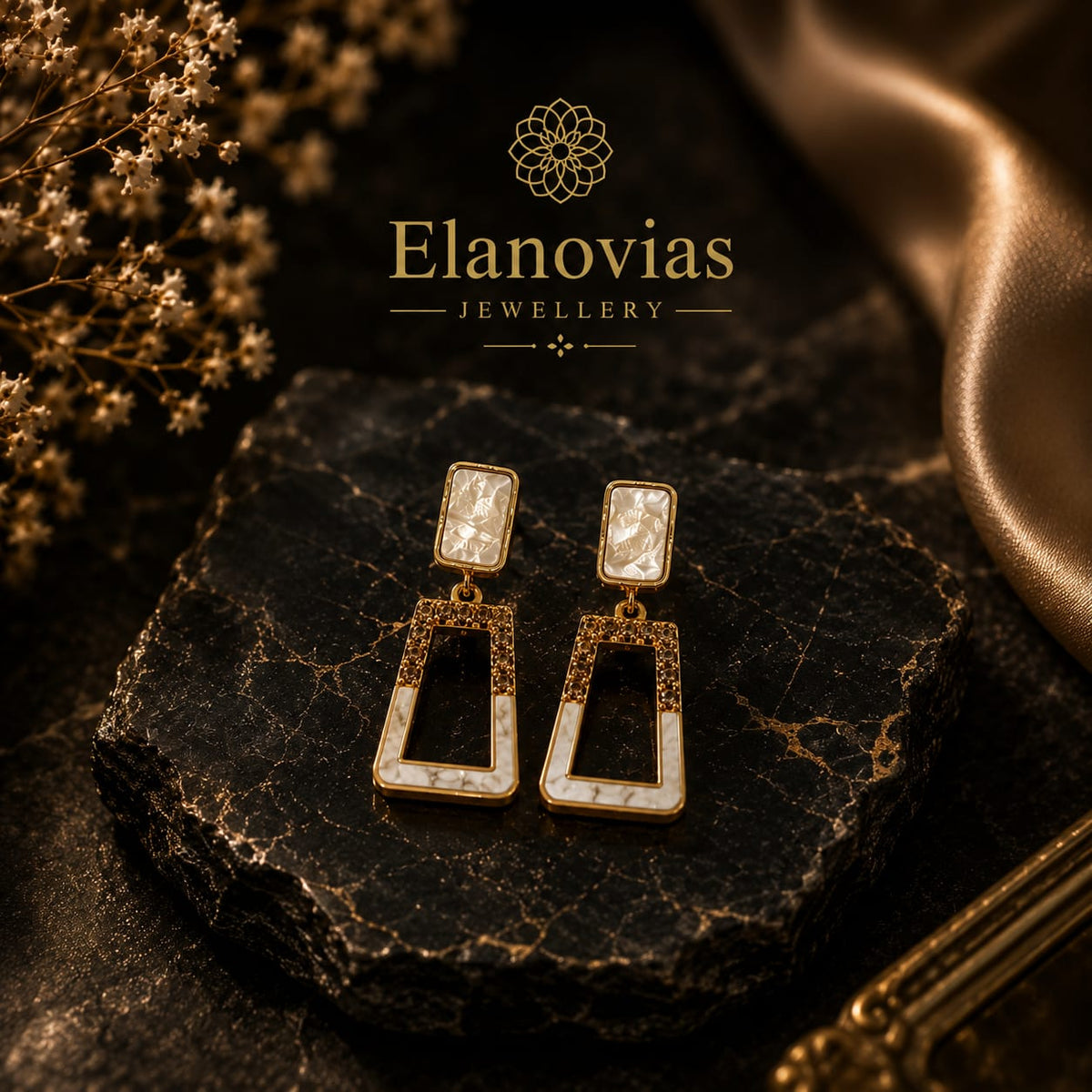 Luxury Geometric Gold Drop Earrings for Women | Elegant White Stone Statement Earrings