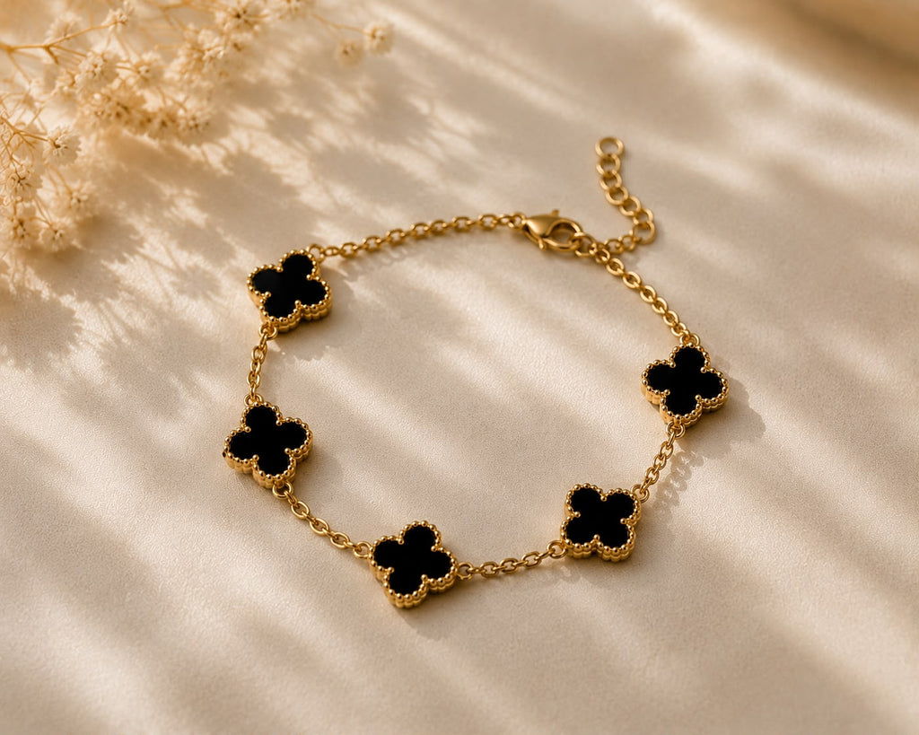 Luxury Black Clover 3-Piece Jewelry Set for Women | Gold Necklace, Bracelet & Earrings